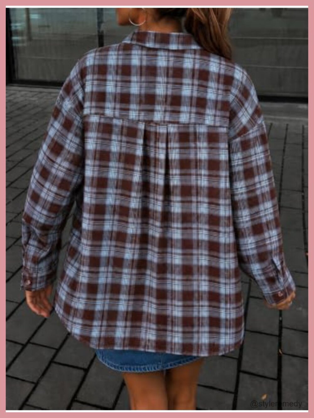 Plaid Button Down Shirt Long Sleeve Curved Hem Shacket Relaxed Fit - Picture 3 of 6